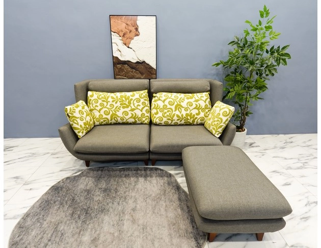 灰色雙人布沙發含腳凳